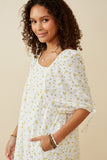 HY6604 YELLOW Womens Textured Ditsy Floral Square Neck Tie Sleeve Dress Detail