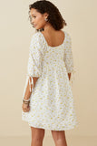 HY6604 YELLOW Womens Textured Ditsy Floral Square Neck Tie Sleeve Dress Back