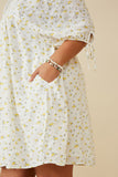 HY6604W YELLOW Plus Textured Ditsy Floral Square Neck Tie Sleeve Dress Side