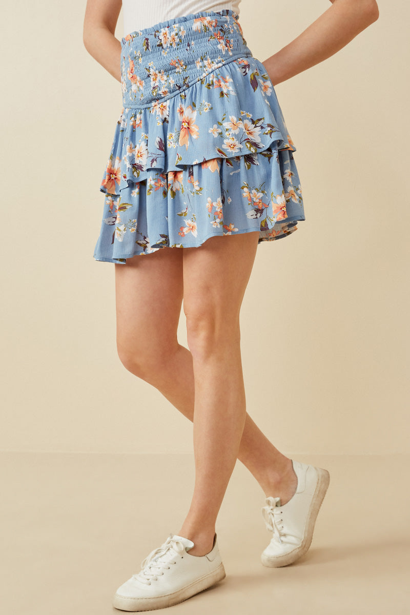 Floral Tiered Skirt With Smocked Panel Waist