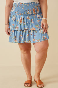HY6660W BLUE Plus Floral Tiered Skirt With Smocked Panel Waist Front