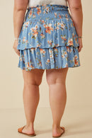 HY6660W BLUE Plus Floral Tiered Skirt With Smocked Panel Waist Back