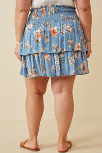 HY6660W BLUE Plus Floral Tiered Skirt With Smocked Panel Waist Back