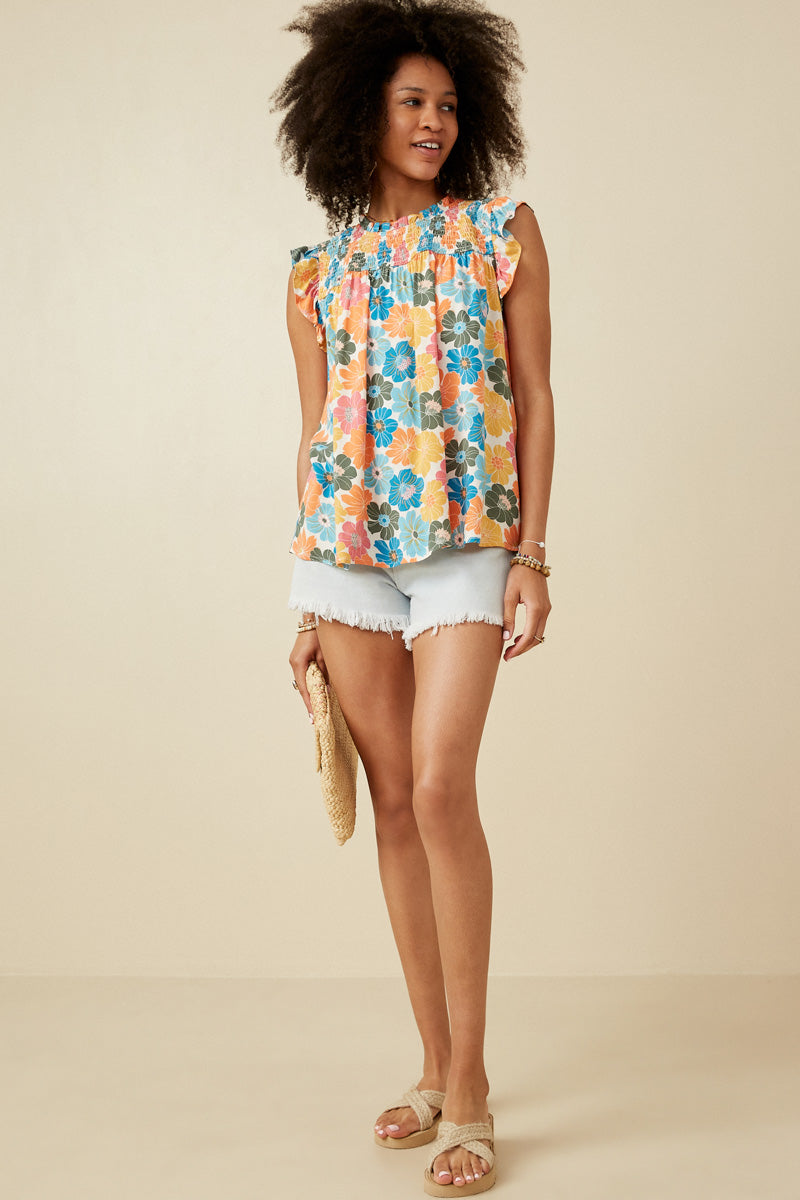 Floral Smocked Ruffle Detail Tank