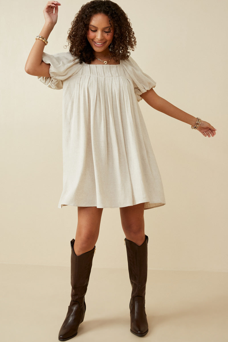 Womens Puff Sleeve Box Pleat Detail Square Neck Dress