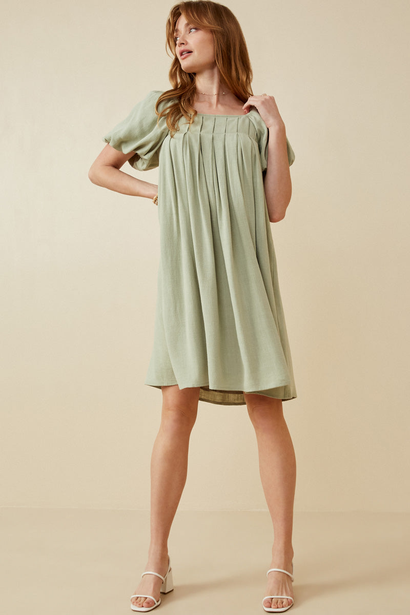 HY6766 Sage Womens Puff Sleeve Box Pleat Detail Square Neck Dress Full Body