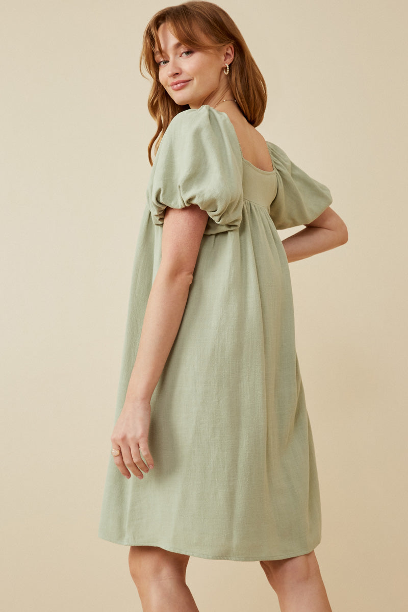 HY6766 Sage Womens Puff Sleeve Box Pleat Detail Square Neck Dress Back
