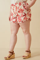 HY6769W Red Plus Textured Floral Print Ruffle Detailed Shorts Side