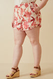 HY6769W Red Plus Textured Floral Print Ruffle Detailed Shorts Side