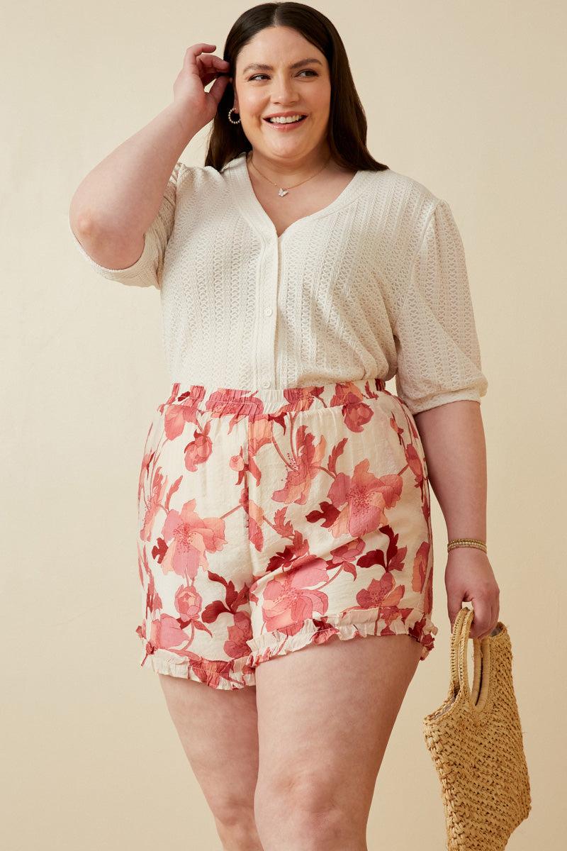 HY6769W Red Plus Textured Floral Print Ruffle Detailed Shorts Pose