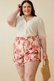 HY6769W Red Plus Textured Floral Print Ruffle Detailed Shorts Pose