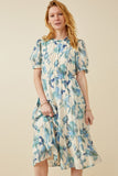 HY6773 Blue Womens Textured Floral Ruffle Neck Short Sleeve Dress Front