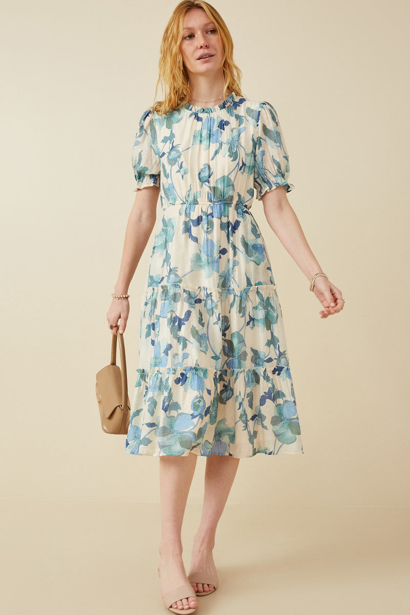 Womens Textured Floral Ruffle Neck Short Sleeve Dress
