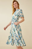 HY6773 Blue Womens Textured Floral Ruffle Neck Short Sleeve Dress Side