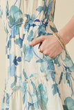 HY6773 Blue Womens Textured Floral Ruffle Neck Short Sleeve Dress Detail