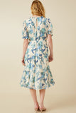 HY6773 Blue Womens Textured Floral Ruffle Neck Short Sleeve Dress Back