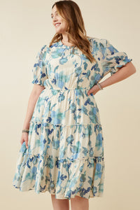 HY6773W Blue Plus Textured Floral Ruffle Neck Short Sleeve Dress Front