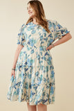 HY6773W Blue Plus Textured Floral Ruffle Neck Short Sleeve Dress Front