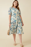 HY6773W Blue Plus Textured Floral Ruffle Neck Short Sleeve Dress Full Body