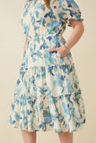 HY6773W Blue Plus Textured Floral Ruffle Neck Short Sleeve Dress Side