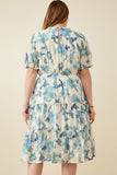 HY6773W Blue Plus Textured Floral Ruffle Neck Short Sleeve Dress Back