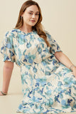 HY6773W Blue Plus Textured Floral Ruffle Neck Short Sleeve Dress Pose