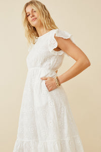 HY6779 Off White Women Scallop Hem Floral Crochet Eyelet Dress Side