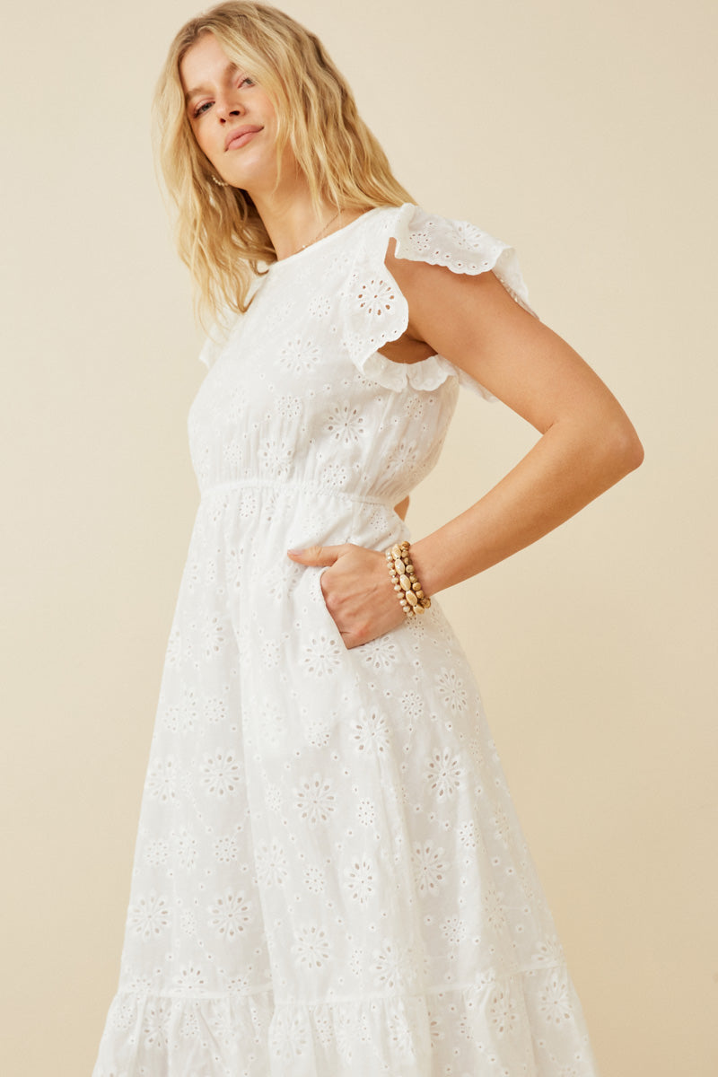Women Scallop Hem Floral Crochet Eyelet Dress