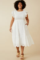 HY6779W Off White Plus Scallop Hem Floral Crochet Eyelet Dress Full Body