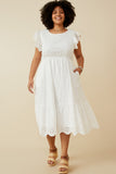 HY6779W Off White Plus Scallop Hem Floral Crochet Eyelet Dress Full Body