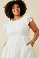 HY6779W Off White Plus Scallop Hem Floral Crochet Eyelet Dress Front