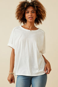 HY6782 Off White Womens Raw Edge Detail Triblend Knit Dolman Tee Front