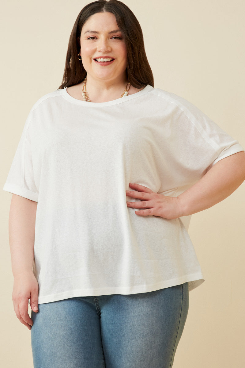 HY6782W White Plus Raw Edge Detail Triblend Knit Dolman Tee Front