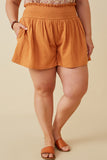 HY6787W Apricot Plus Textured Acid Wash Smocked Short Front