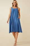 HY6788 Blue Womens Washed Textured Smock Detail Tank Dress Full Body