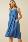 HY6788 Blue Womens Washed Textured Smock Detail Tank Dress Side