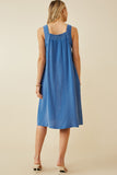 HY6788 Blue Womens Washed Textured Smock Detail Tank Dress Back
