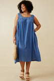 HY6788W Blue Plus Washed Textured Smock Detail Tank Dress Front
