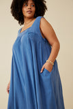 HY6788W Blue Plus Washed Textured Smock Detail Tank Dress Side