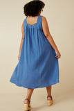 HY6788W Blue Plus Washed Textured Smock Detail Tank Dress Back