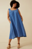 HY6788W Blue Plus Washed Textured Smock Detail Tank Dress Full Body
