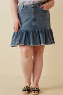 HY6791W Denim Plus Distressed High Waist Drop Hem Denim Skirt Front