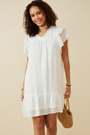 HY6803 OFF WHITE Womens Texture Striped Ruffle Sleeve V Neck Dress Front