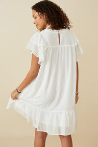 HY6803 OFF WHITE Womens Texture Striped Ruffle Sleeve V Neck Dress Back