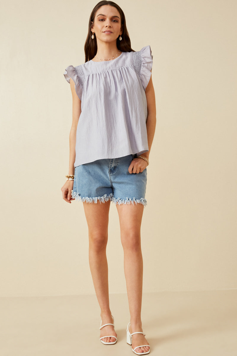 Womens Smocked Detail Ruffle Shoulder Top