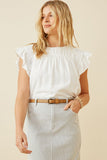 HY6810 Off White Womens Smocked Detail Ruffle Shoulder Top Front