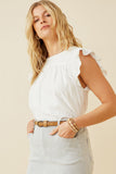 HY6810 Off White Womens Smocked Detail Ruffle Shoulder Top Side