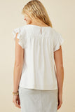 HY6810 Off White Womens Smocked Detail Ruffle Shoulder Top Back