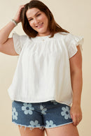 HY6810W Off White Plus Smocked Detail Ruffle Shoulder Top Front