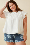 HY6810W Off White Plus Smocked Detail Ruffle Shoulder Top Front